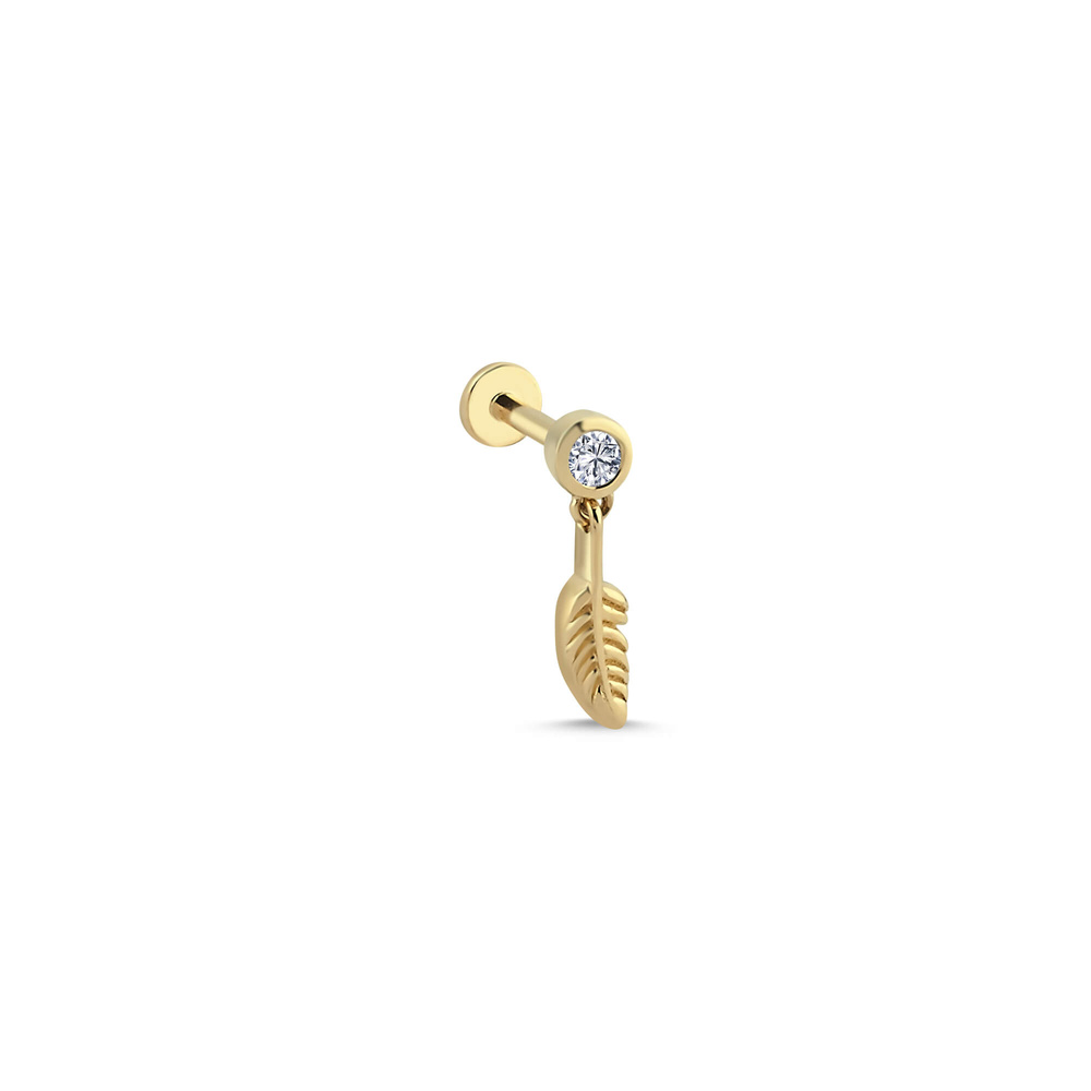 14 Ayar Altın Pırlanta Sallantılı Tüy Tragus Piercing Küpe