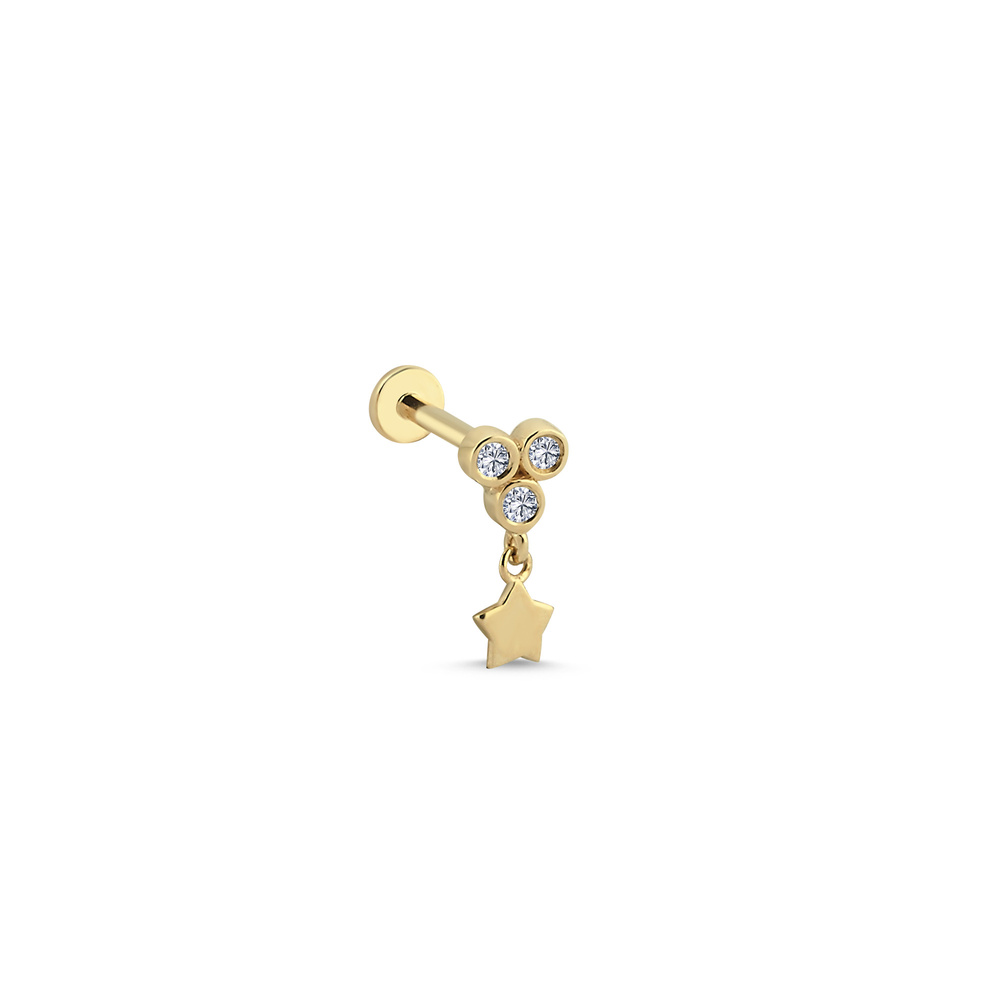 14 Ayar Altın Pırlanta Sallantılı Yıldız Tragus Piercing Küpe