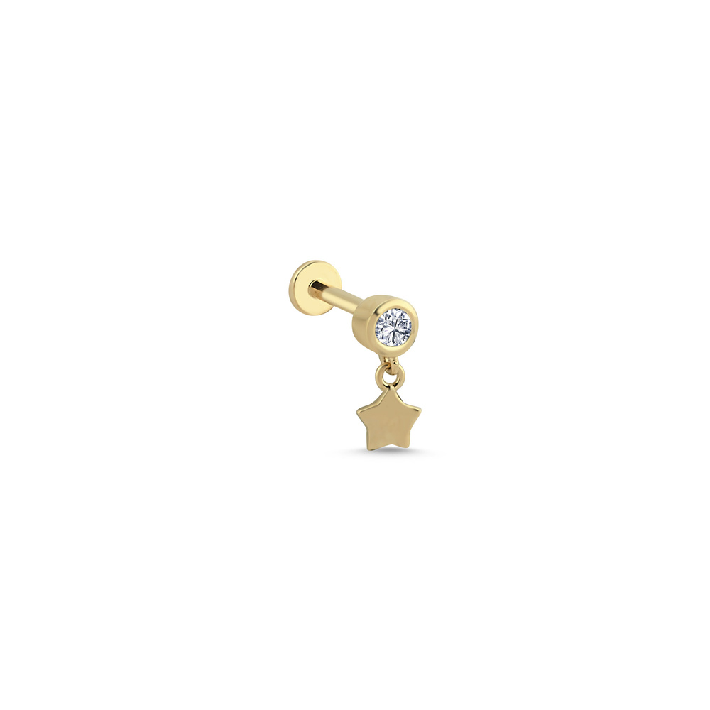 14K Altın Tektaş Pırlanta Sallantılı Yıldız Tragus Piercing Küpe