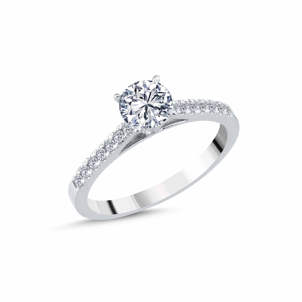 0.86 ct Pırlanta Yan Taşlı İnce Tırnak Tektaş Yüzük | E Renk HRD