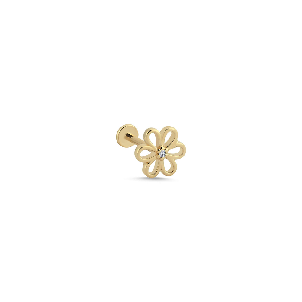 14 Ayar Altın Minimal Pırlanta Papatya Tragus Piercing Küpe