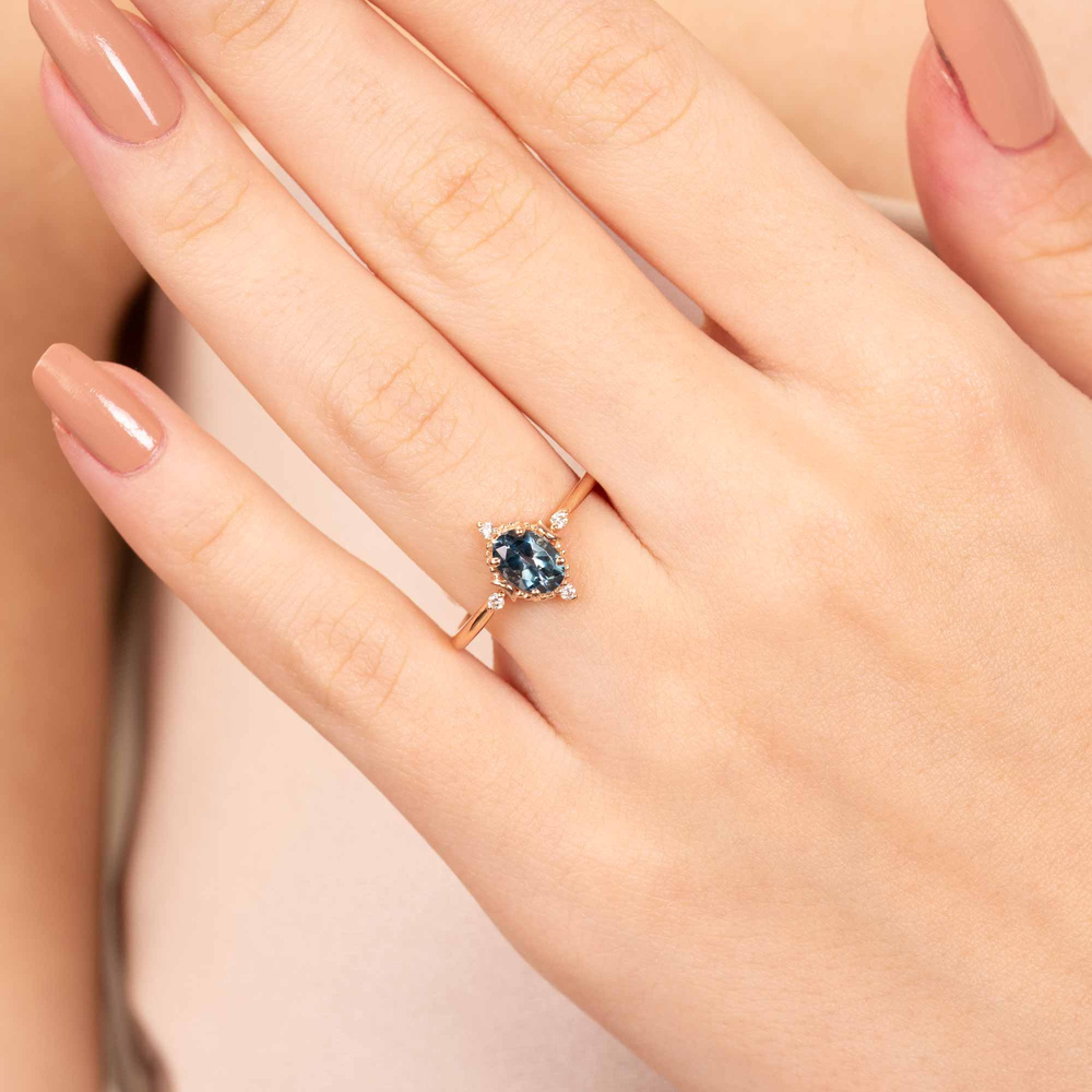 Oval Teal Blue Safir ve Pırlanta Vintage Yüzük