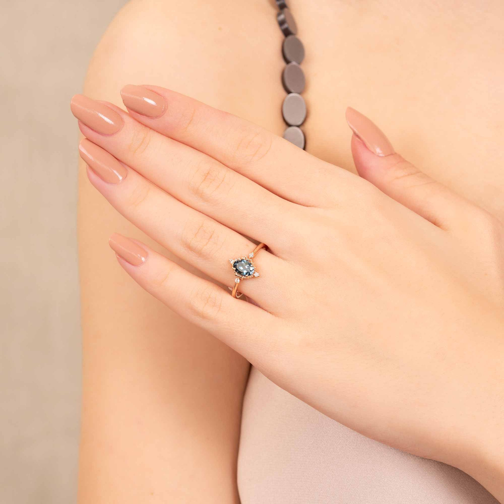 Oval Teal Blue Safir ve Pırlanta Vintage Yüzük