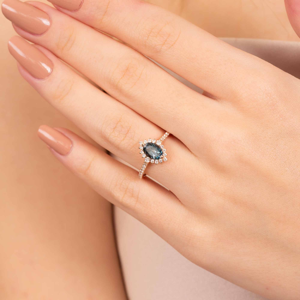 Oval Teal Blue Safir ve Pırlanta Vintage Yüzük