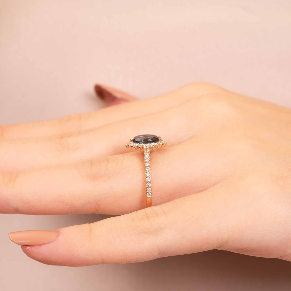Oval Teal Blue Safir ve Pırlanta Vintage Yüzük
