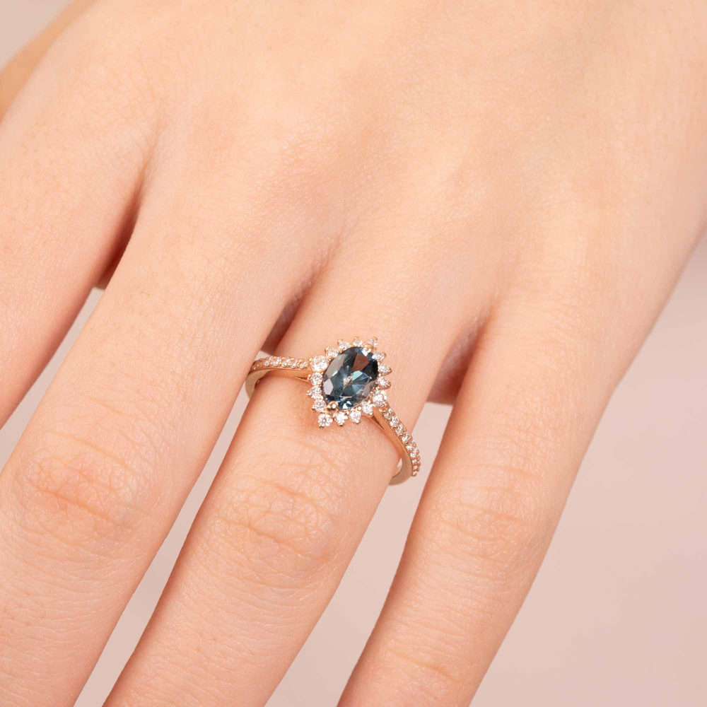 Oval Teal Blue Safir ve Pırlanta Vintage Yüzük