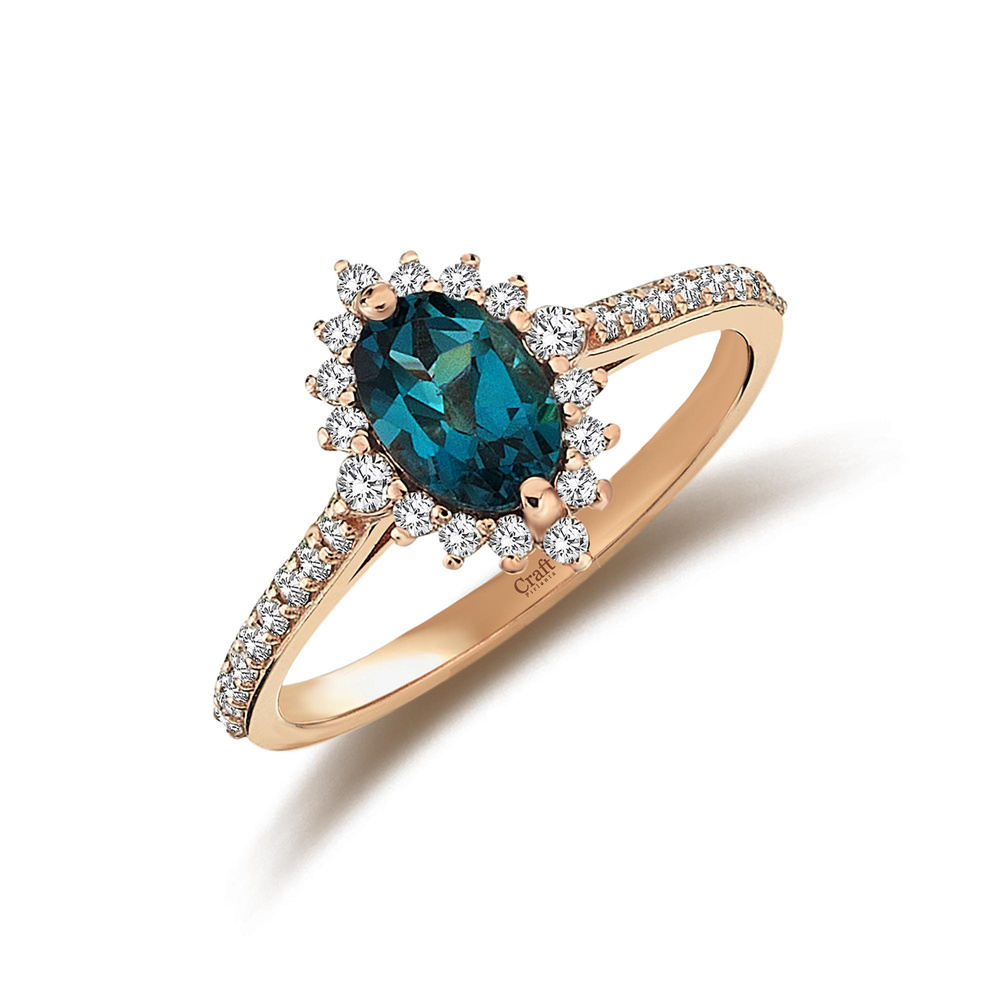 Oval Teal Blue Safir ve Pırlanta Vintage Yüzük