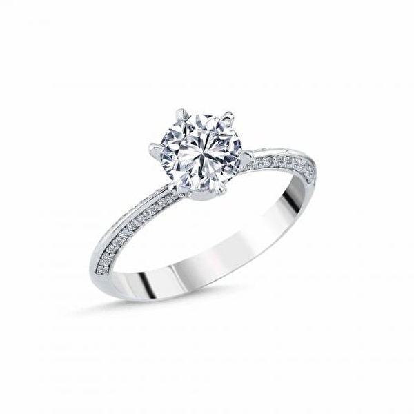 1.16 ct Pırlanta Yan Taşlı 6 Tırnak Tektaş Yüzük | D Renk | HRD