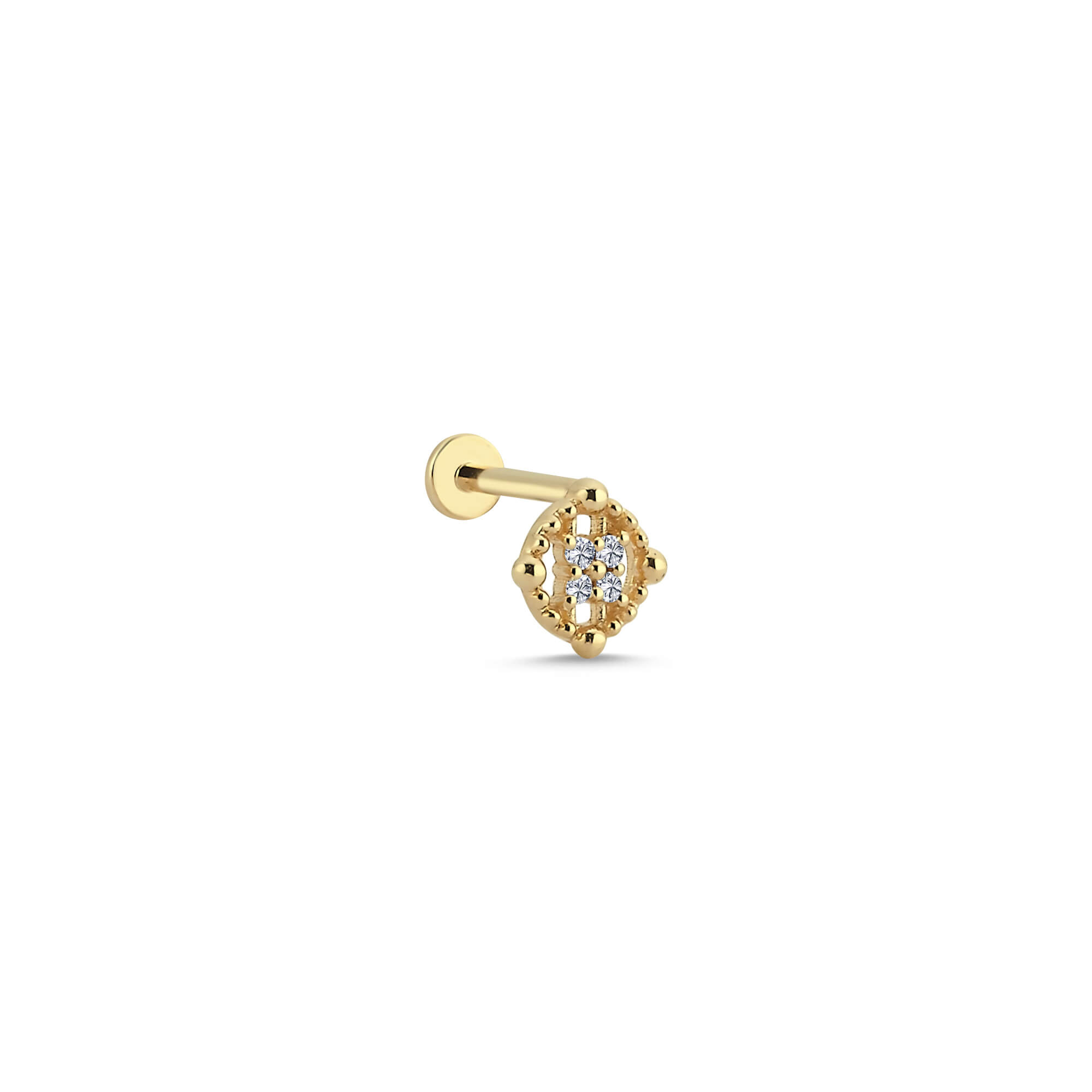 14K Altın Pırlanta Baklava Çerçeveli Yonca Tragus Piercing Küpe