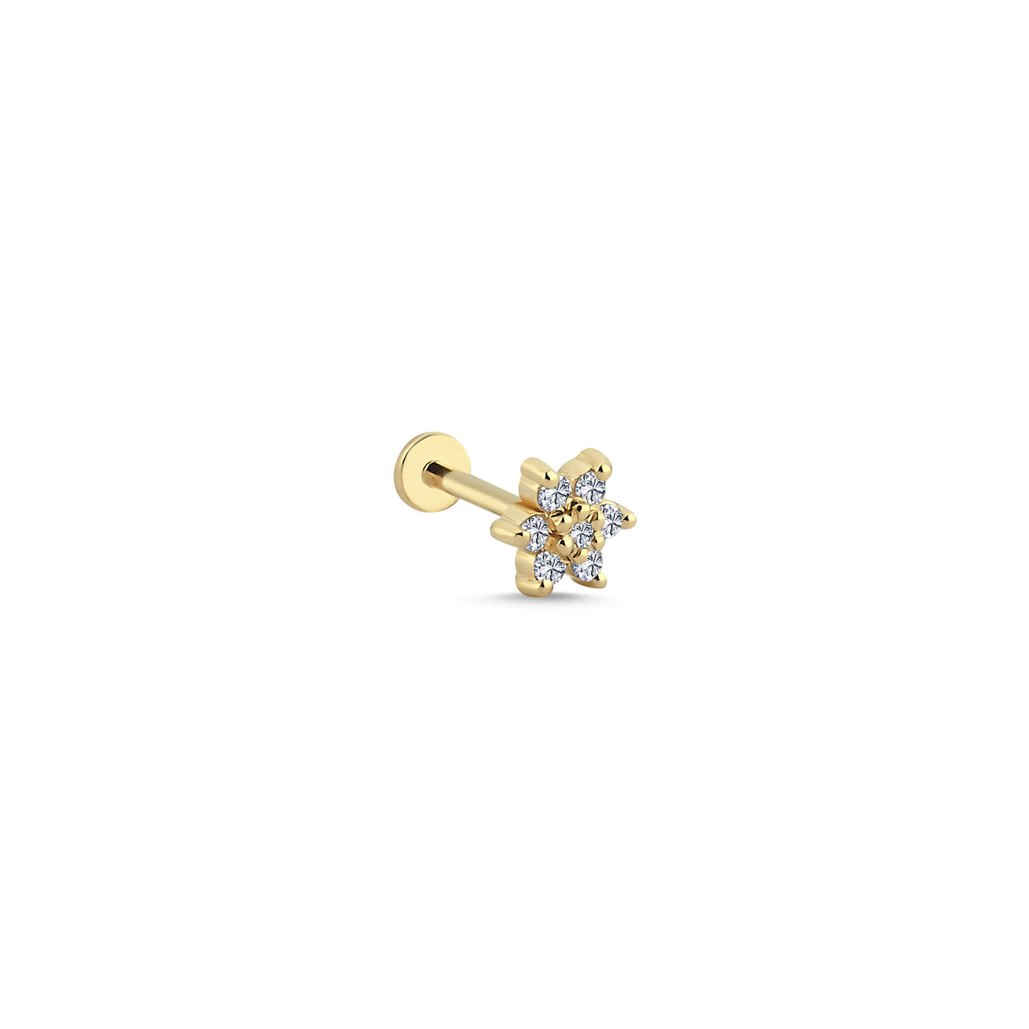 14 Ayar Altın ve Pırlanta Çiçek Figürlü Tragus Piercing Küpe