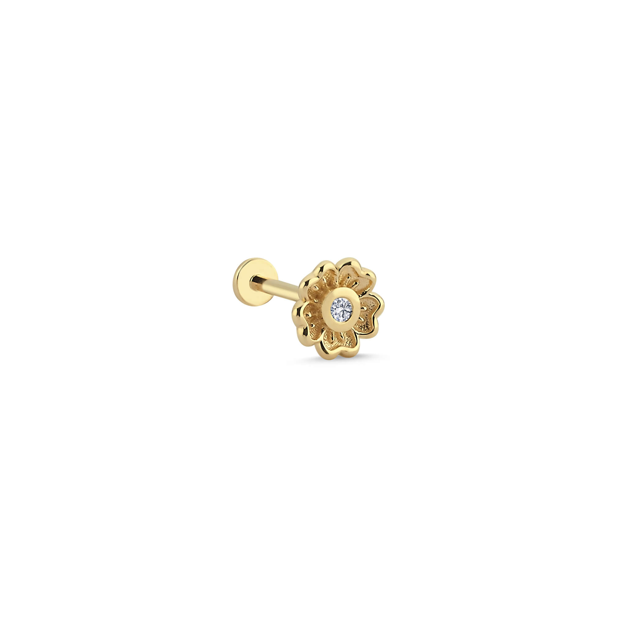 14 Ayar Altın ve Pırlanta Yonca Tragus Piercing Küpe