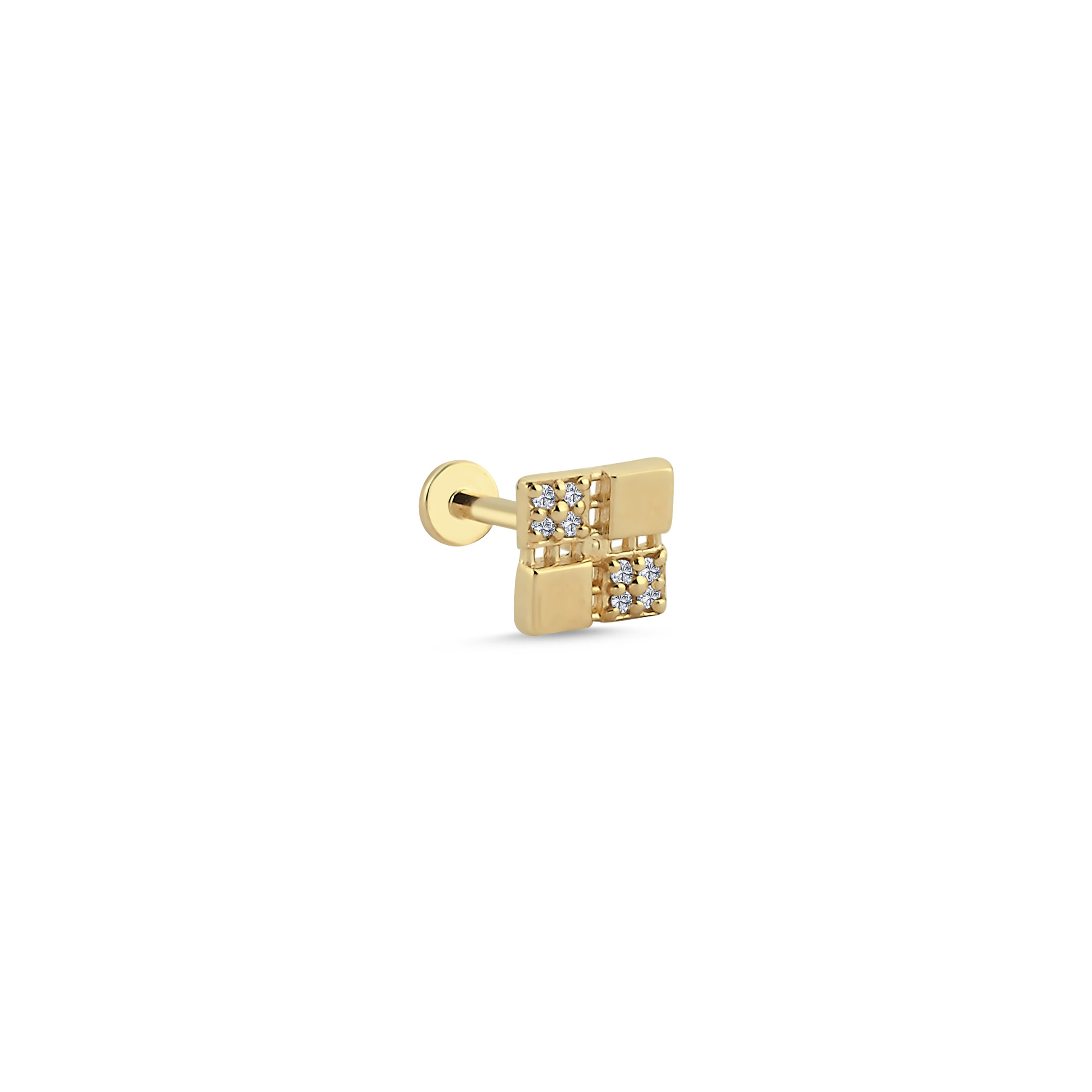 14K Altın Pırlanta Damalı Kare Tragus Piercing Küpe