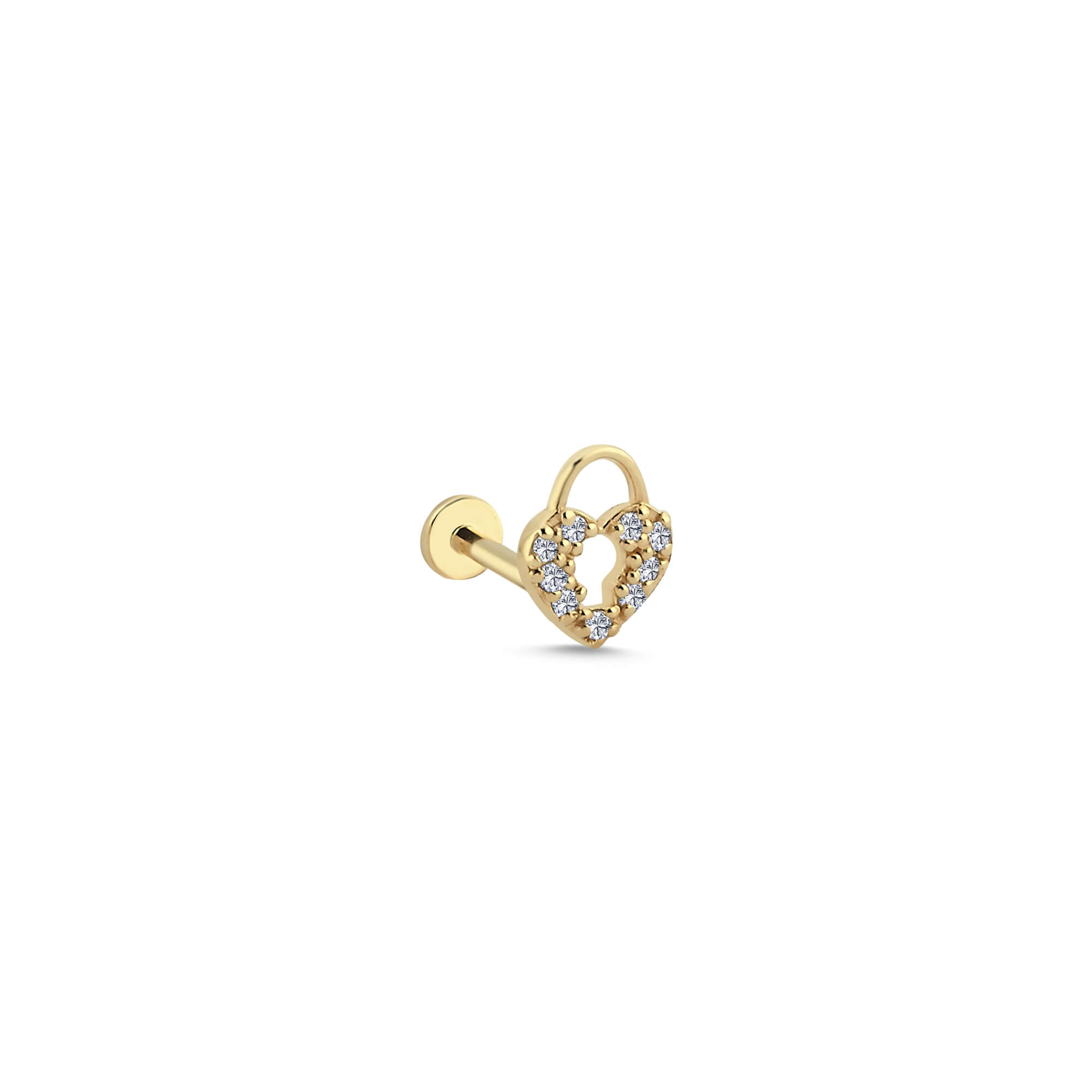 14 Ayar Altın Pırlanta Kalp Figürlü Kilit Tragus Piercing Küpe