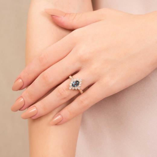 Teal Blue Safir ve Markiz Pırlanta Vintage Yüzük hover